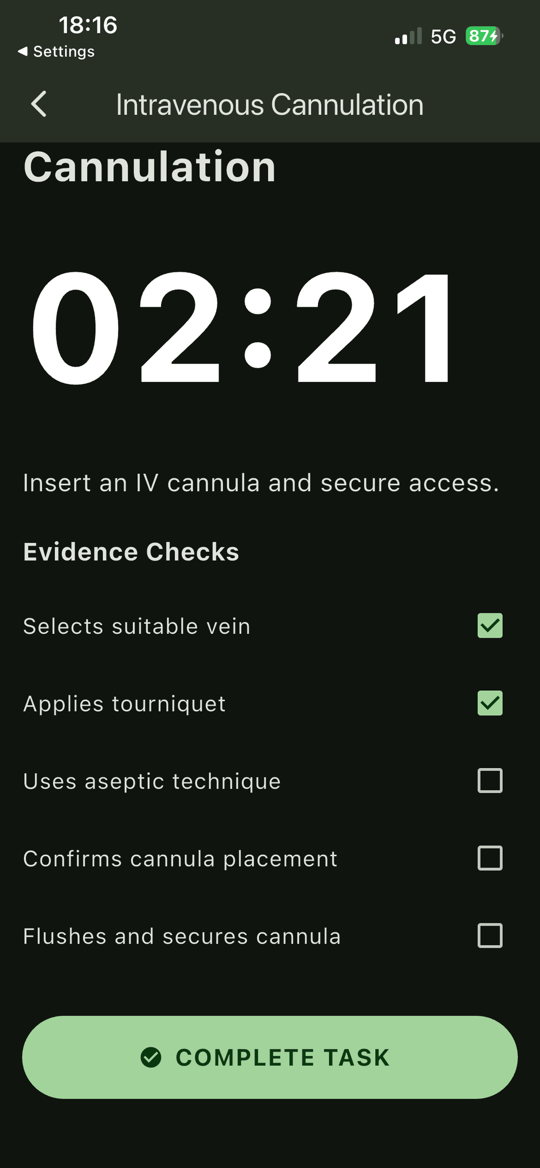 Task selection screen